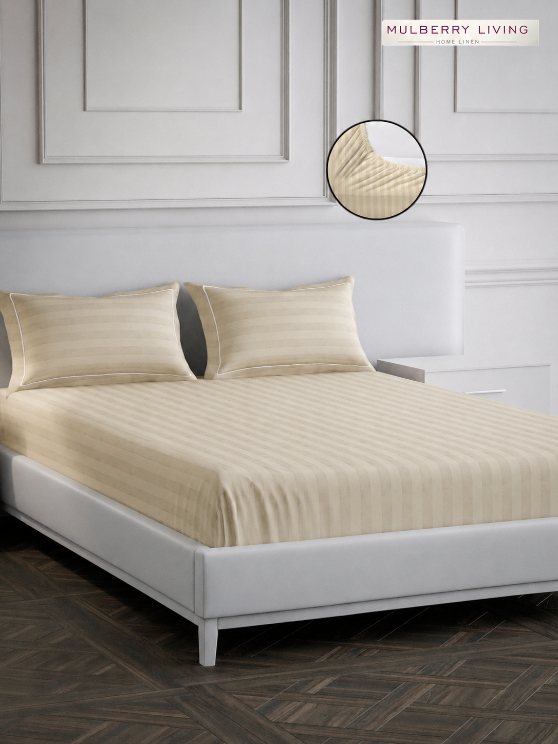 luxury Hotel-Style 100% Cotton 300 TC Elysian Stripes Fitted Bedsheet Set with 2 Pillow Covers