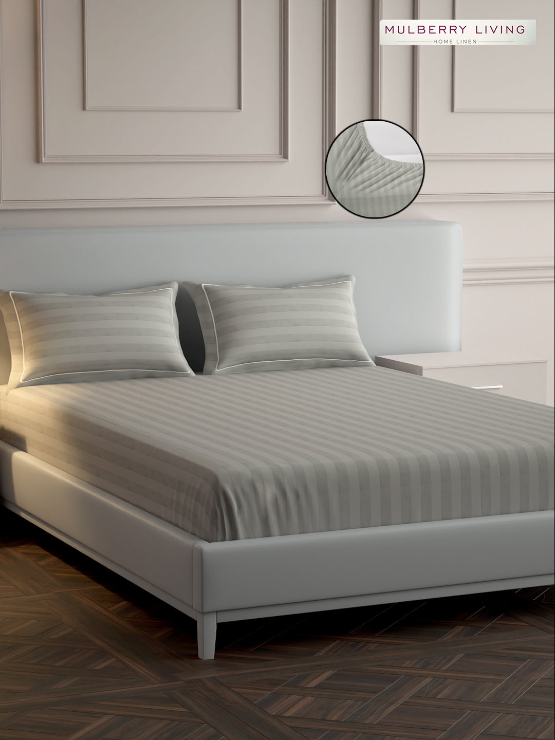 luxury Hotel-Style 100% Cotton 300 TC Elysian Stripes Fitted Bedsheet Set with 2 Pillow Covers