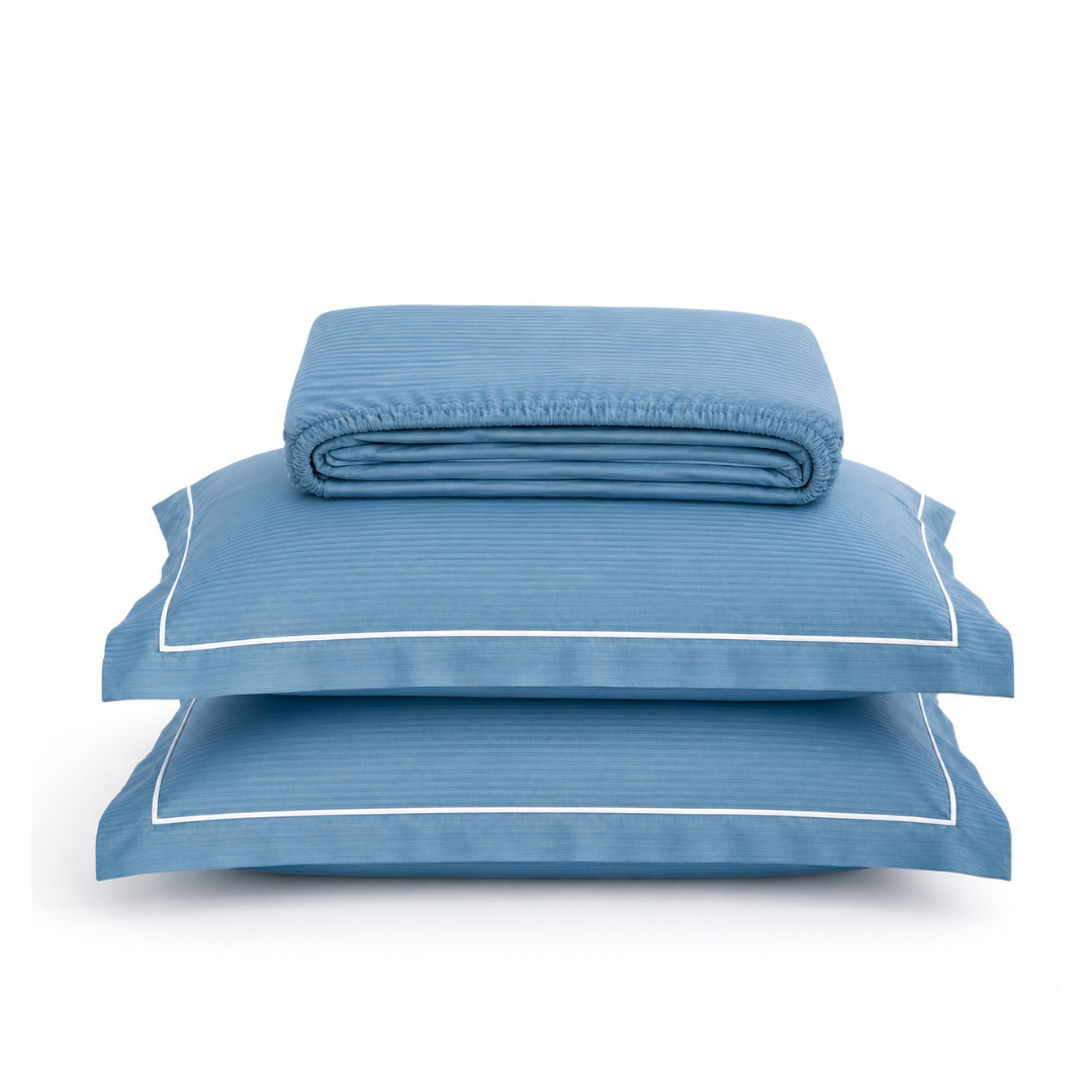 Luxury Super King Sateen Elastic Fitted Bedsheet Set – Fine Linear Stripes with 2 Pillow Covers
