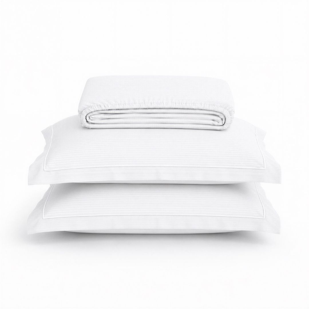 Luxury Super King Sateen Elastic Fitted Bedsheet Set – Fine Linear Stripes with 2 Pillow Covers