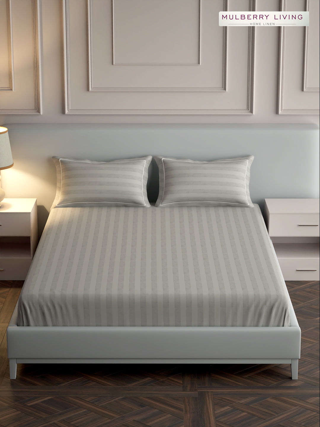 luxury Hotel-Style 100% Cotton 300 TC Elysian Stripes Fitted Bedsheet Set with 2 Pillow Covers