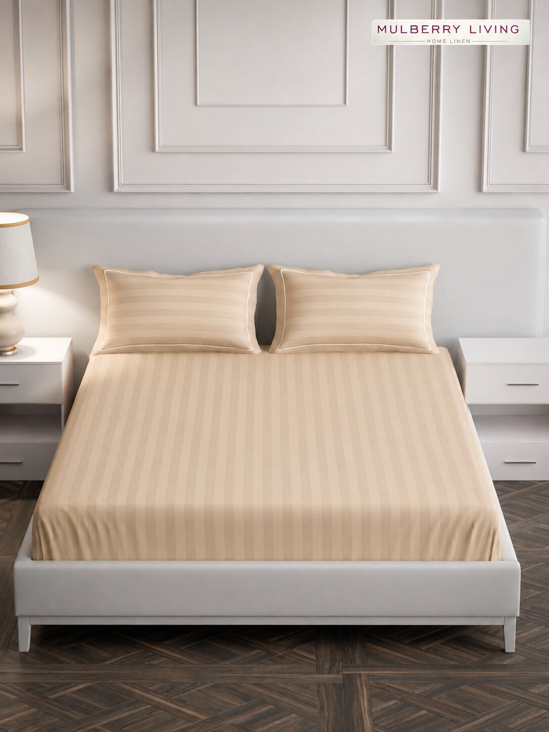 luxury Hotel-Style 100% Cotton 300 TC Elysian Stripes Fitted Bedsheet Set with 2 Pillow Covers