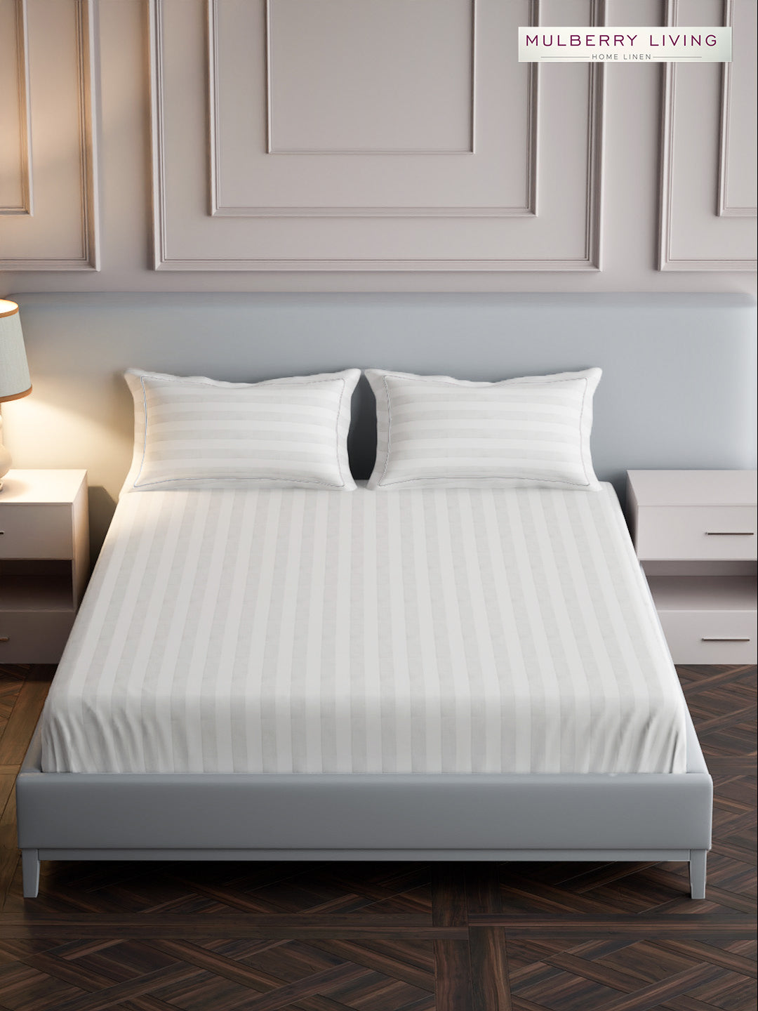 luxury Hotel-Style 100% Cotton 300 TC Elysian Stripes Fitted Bedsheet Set with 2 Pillow Covers