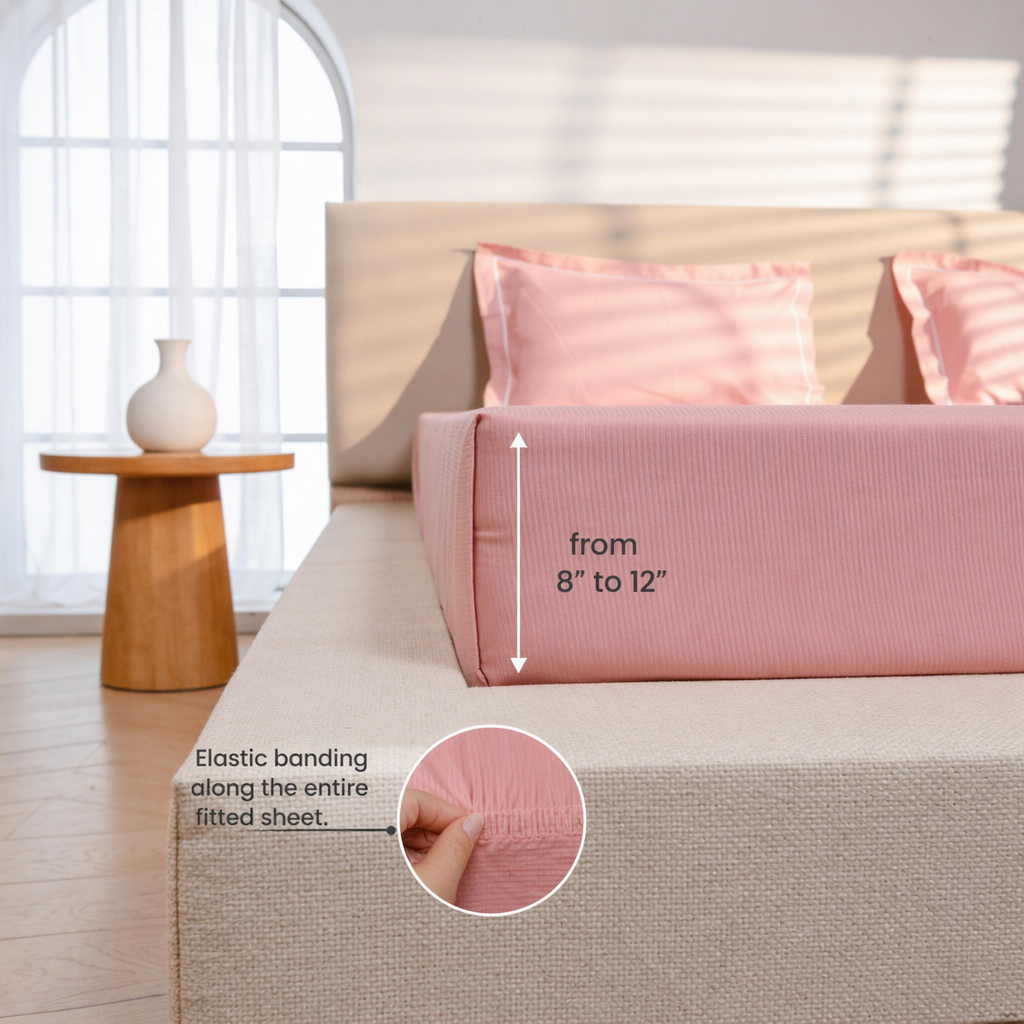 Luxury Super King Sateen Elastic Fitted Bedsheet Set – Fine Linear Stripes with 2 Pillow Covers