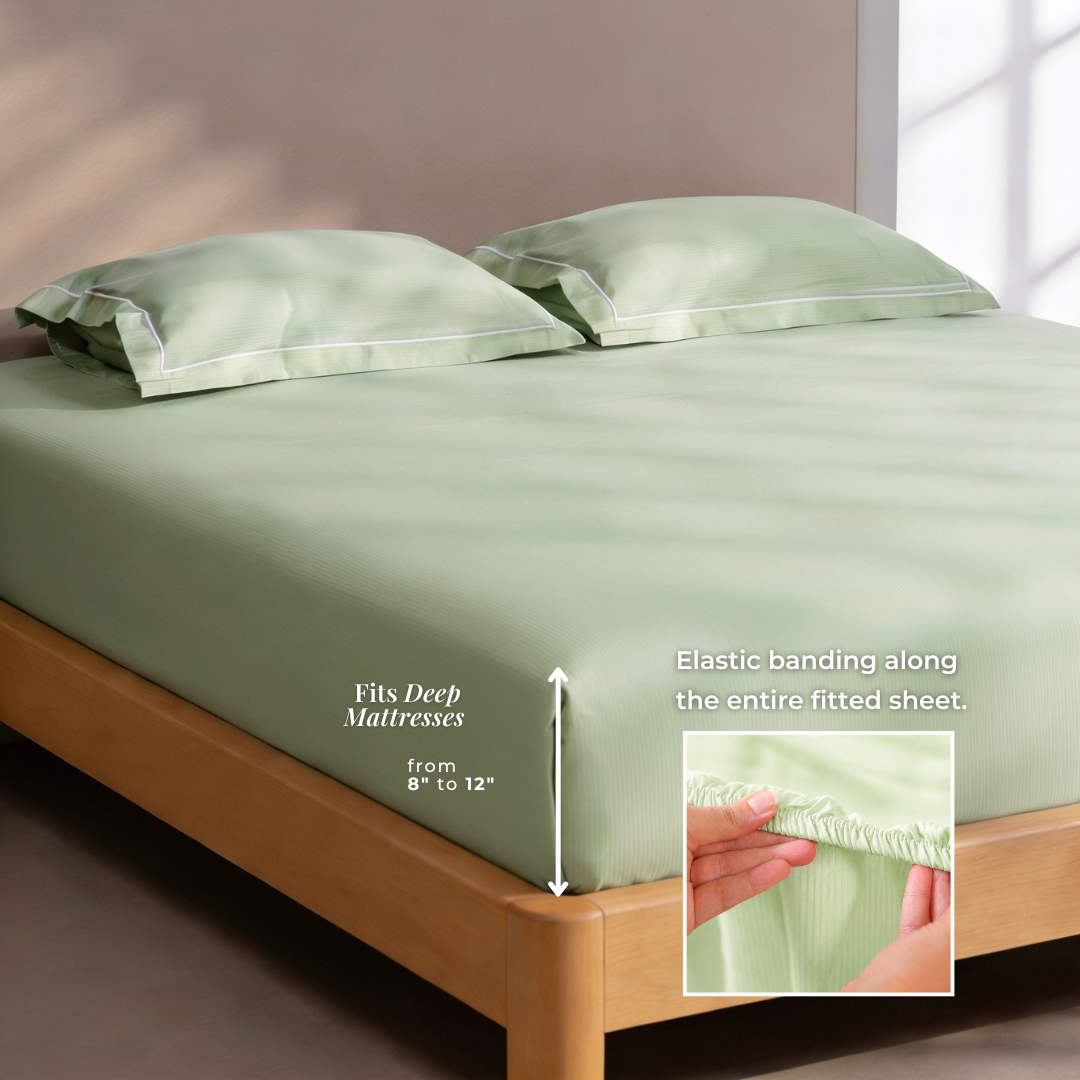 Luxury Super King Sateen Elastic Fitted Bedsheet Set – Fine Linear Stripes with 2 Pillow Covers