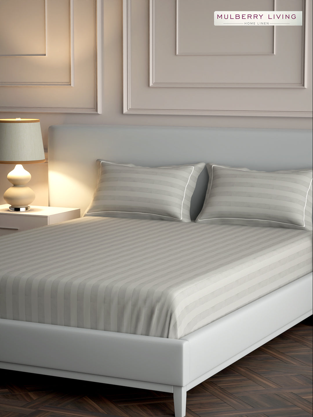 luxury Hotel-Style 100% Cotton 300 TC Elysian Stripes Fitted Bedsheet Set with 2 Pillow Covers