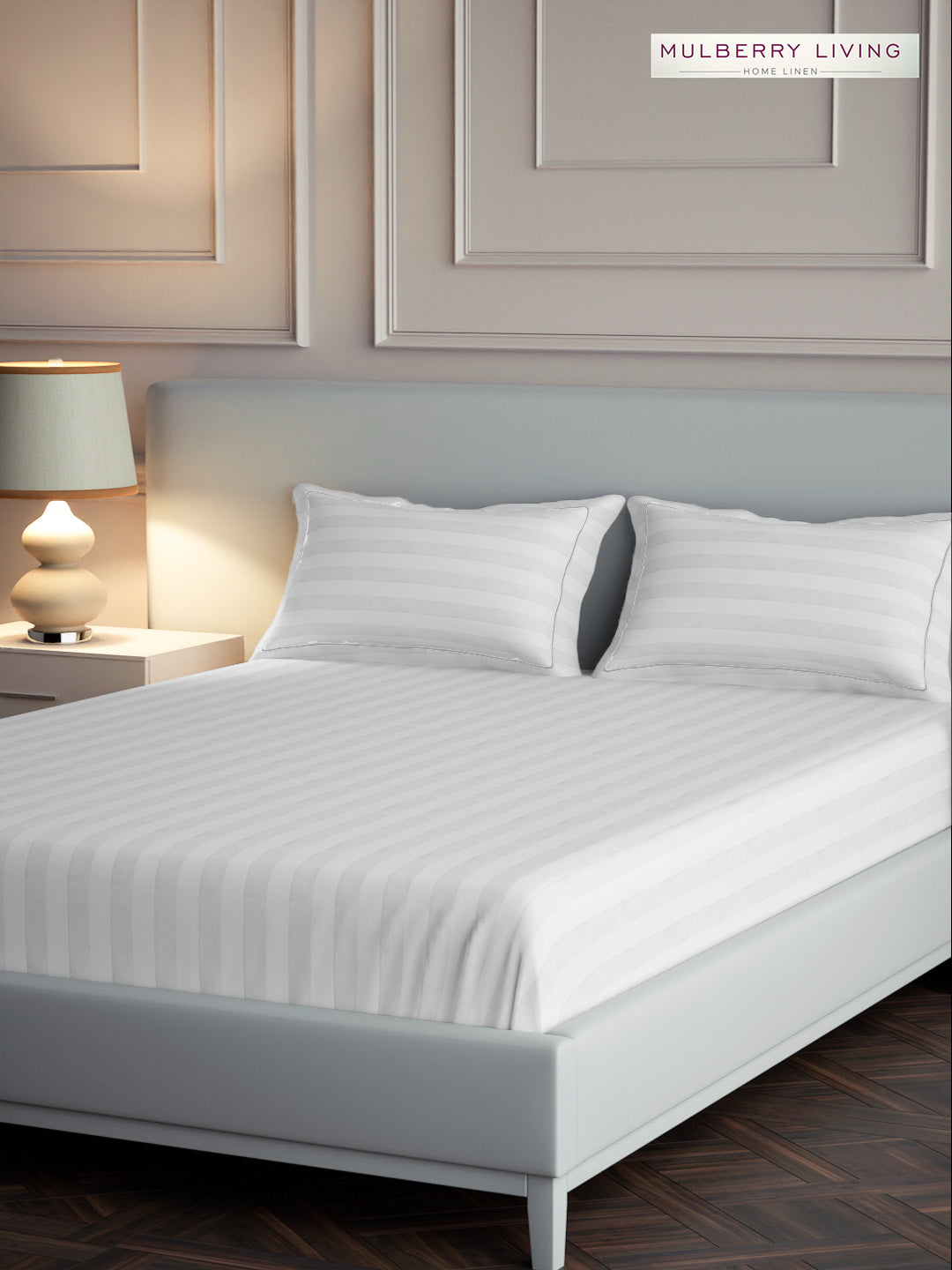 luxury Hotel-Style 100% Cotton 300 TC Elysian Stripes Fitted Bedsheet Set with 2 Pillow Covers