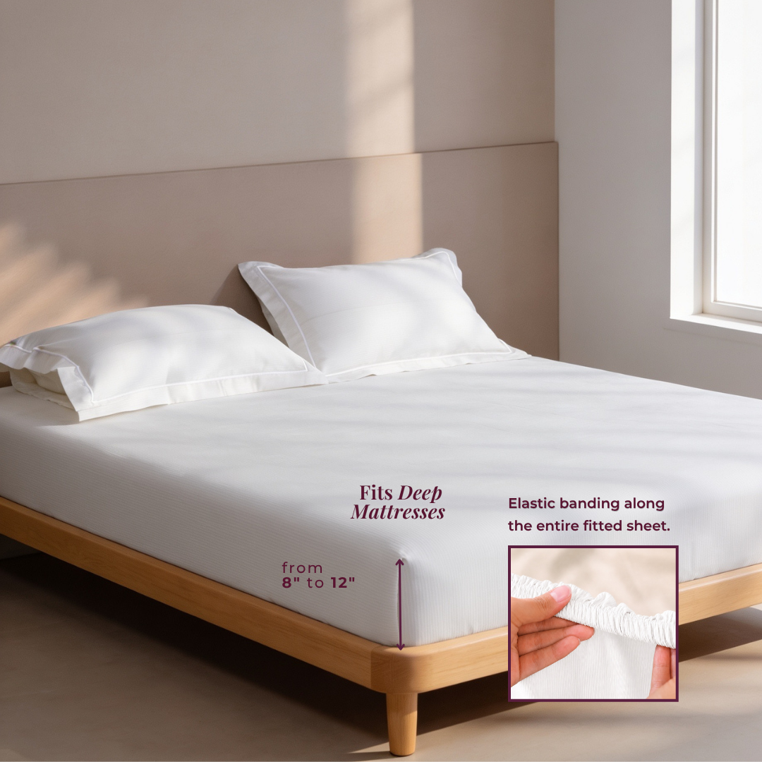 Luxury Super King Sateen Elastic Fitted Bedsheet Set – Fine Linear Stripes with 2 Pillow Covers