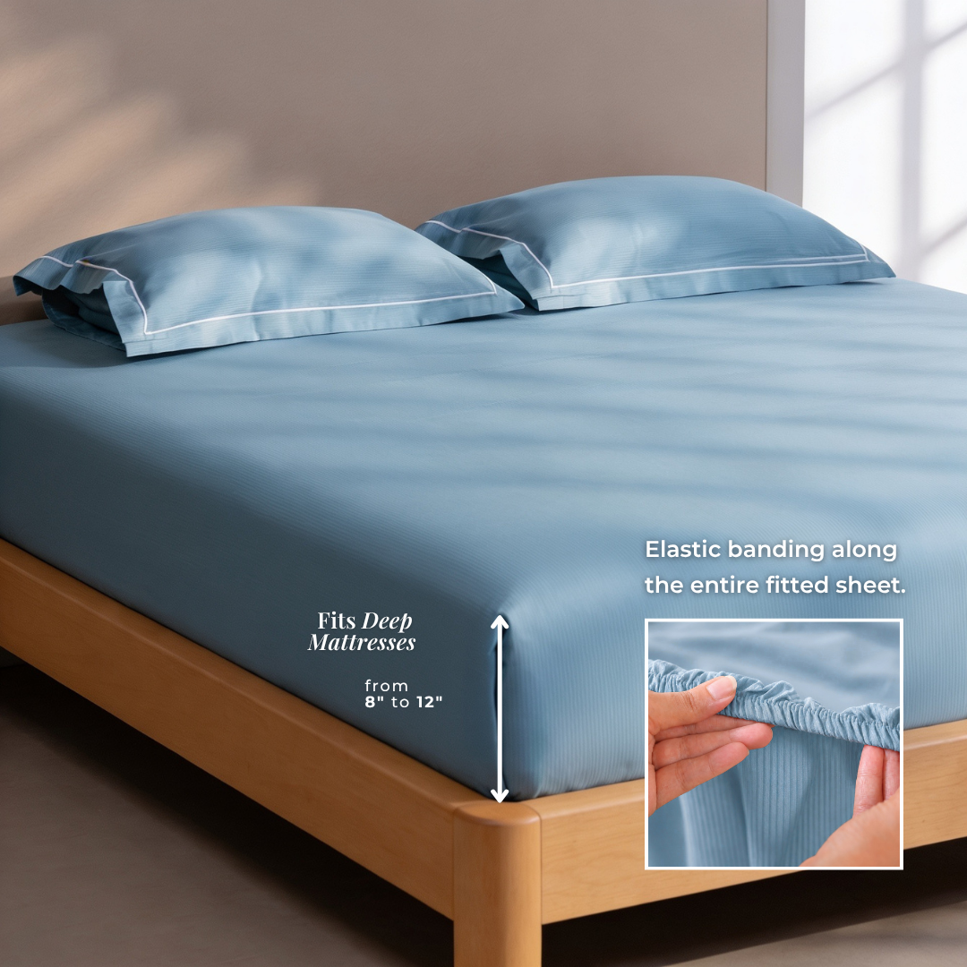Luxury Super King Sateen Elastic Fitted Bedsheet Set – Fine Linear Stripes with 2 Pillow Covers