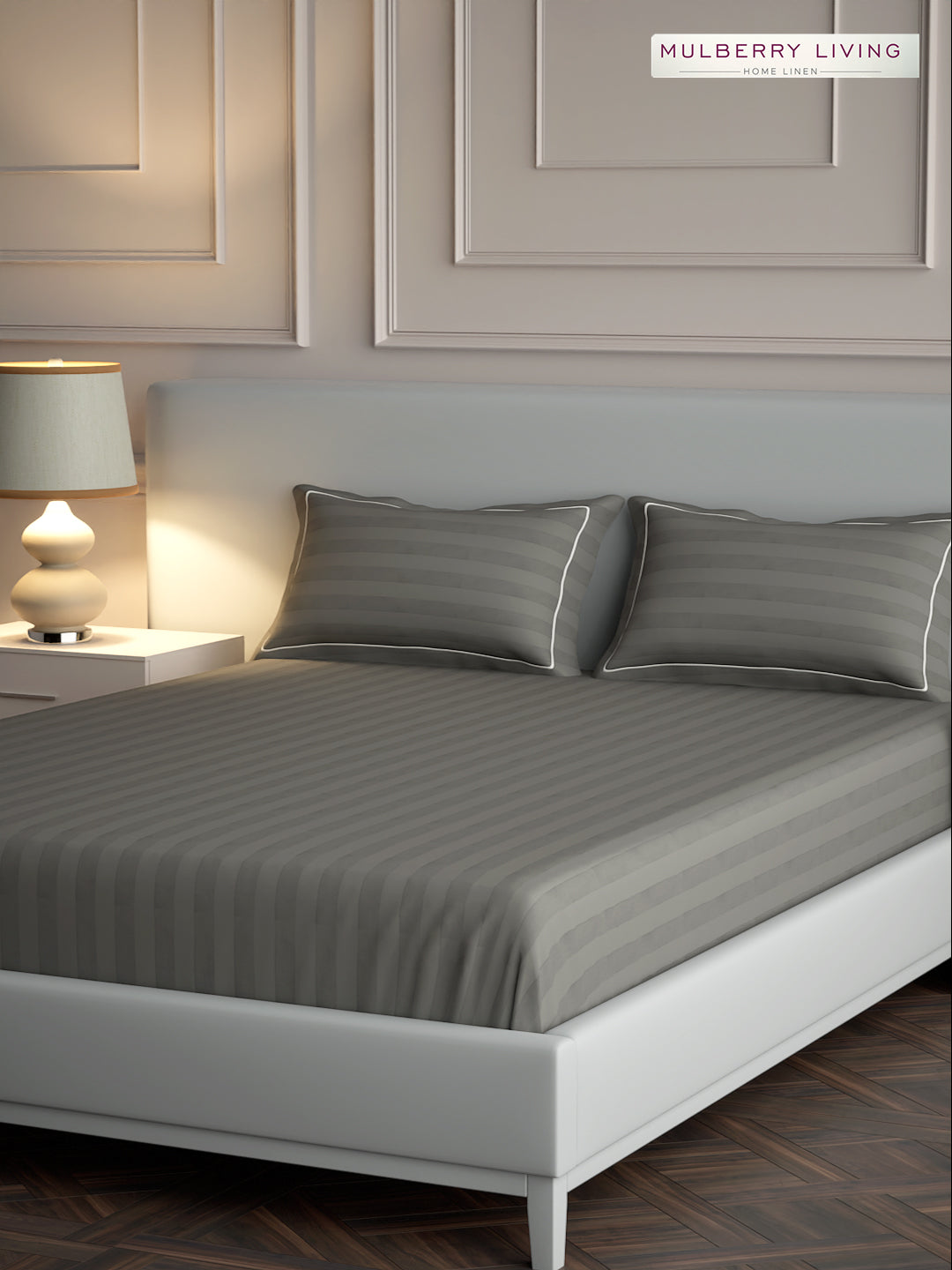 luxury Hotel-Style 100% Cotton 300 TC Elysian Stripes Fitted Bedsheet Set with 2 Pillow Covers