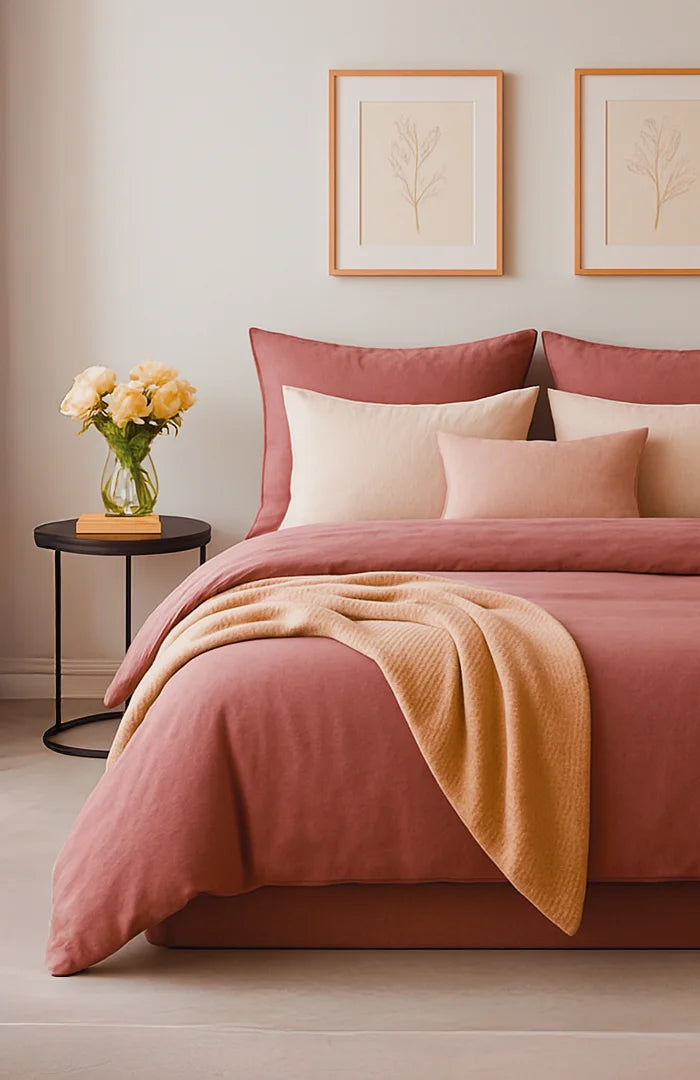 Bedroom with pink bedding and beige blanket, side table with flowers, and framed artwork on the wall.