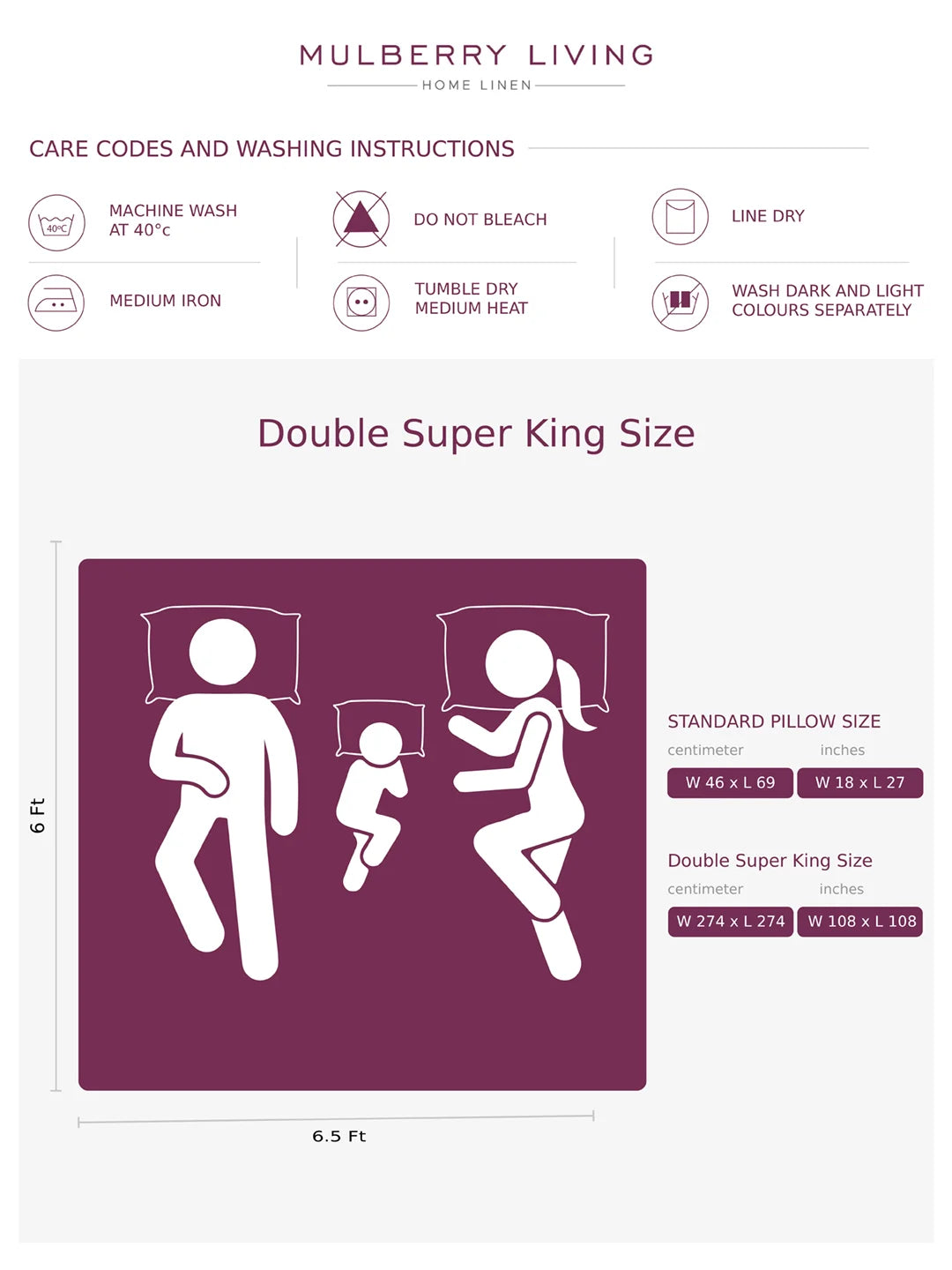 Washing instructions for Mulberry Living home linen Double Super King Size, with illustrations of a family and dimensions.