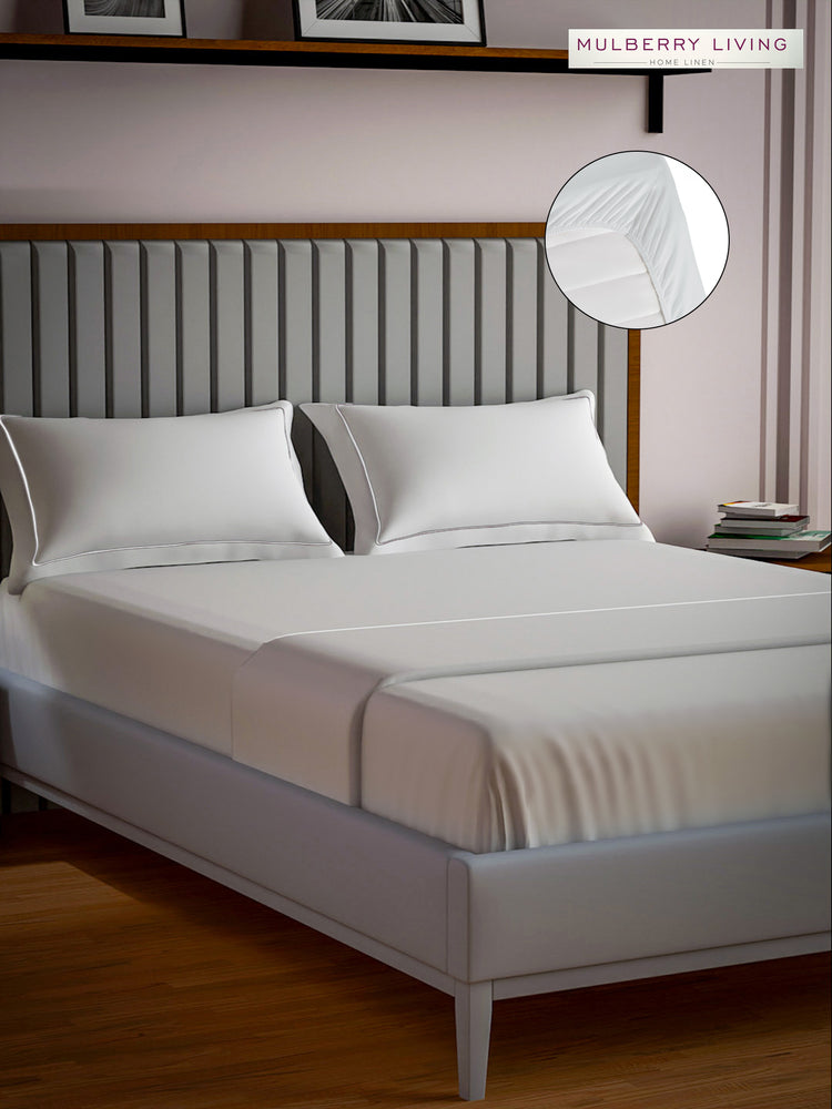 Serenity Solids 100% Cotton Satin Weave Super King Elastic Fitted Bedsheet Set with 2 Pillow Covers - 250TC, 78 x 72 x 12 Inches