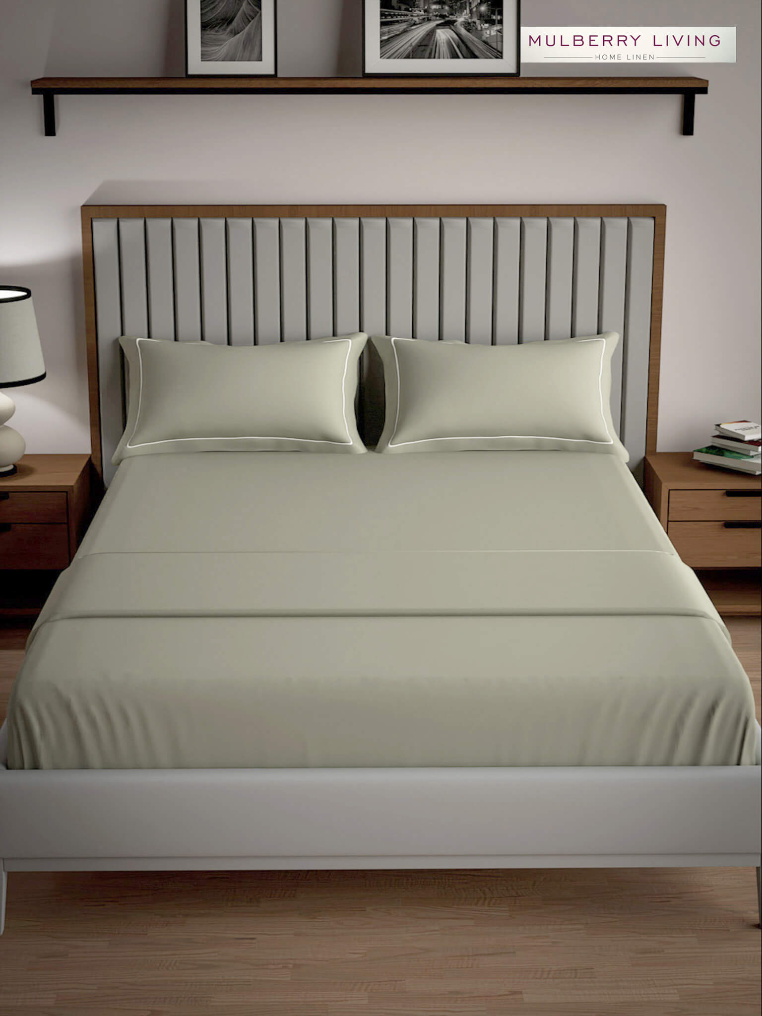 Serenity Solids 100% Cotton Satin Weave Super King Elastic Fitted Bedsheet Set with 2 Pillow Covers - 250TC, 78 x 72 x 12 Inches