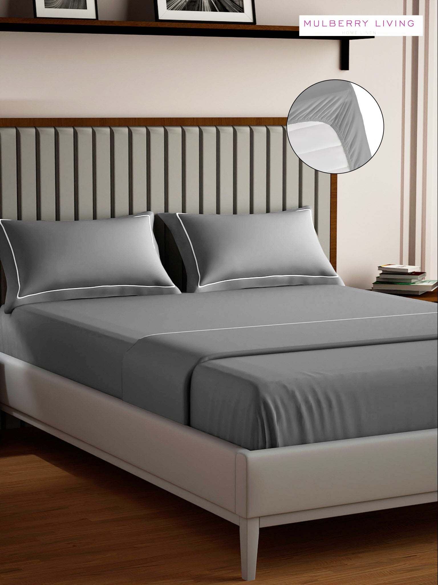 Serenity Solids 100% Cotton Satin Weave Super King Elastic Fitted Bedsheet Set with 2 Pillow Covers - 250TC, 78 x 72 x 12 Inches