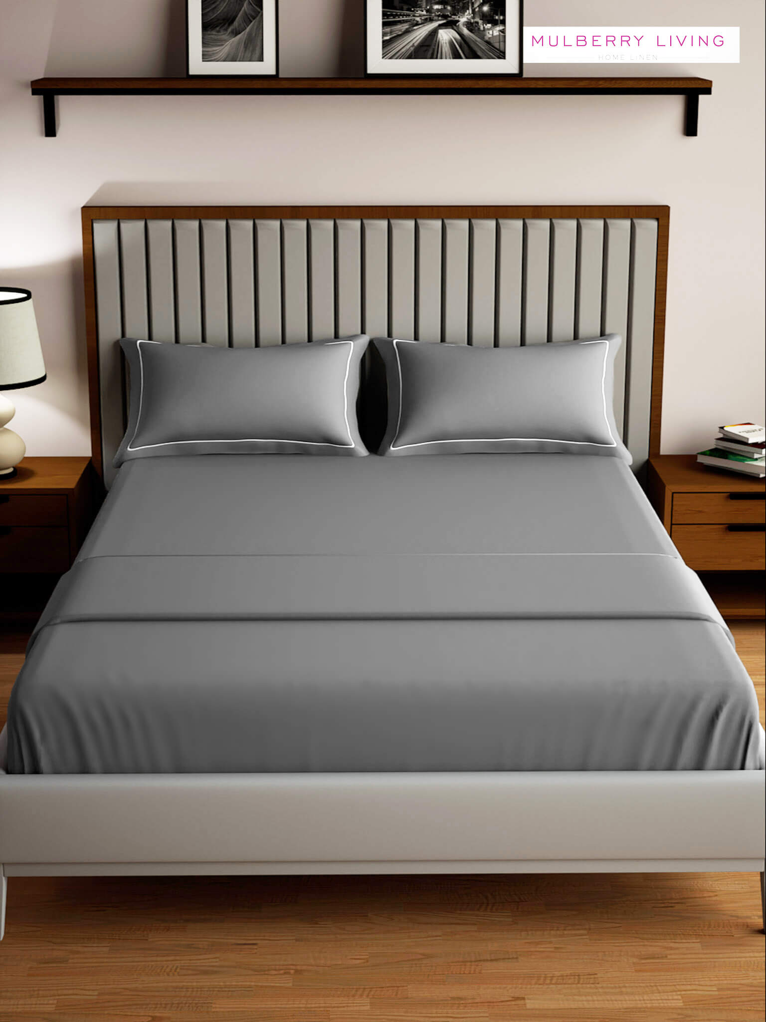 Serenity Solids 100% Cotton Satin Weave Super King Elastic Fitted Bedsheet Set with 2 Pillow Covers - 250TC, 78 x 72 x 12 Inches