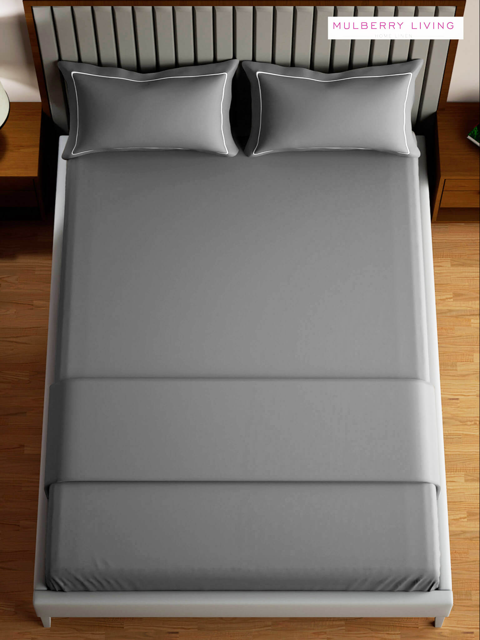 Serenity Solids 100% Cotton Satin Weave Super King Elastic Fitted Bedsheet Set with 2 Pillow Covers - 250TC, 78 x 72 x 12 Inches