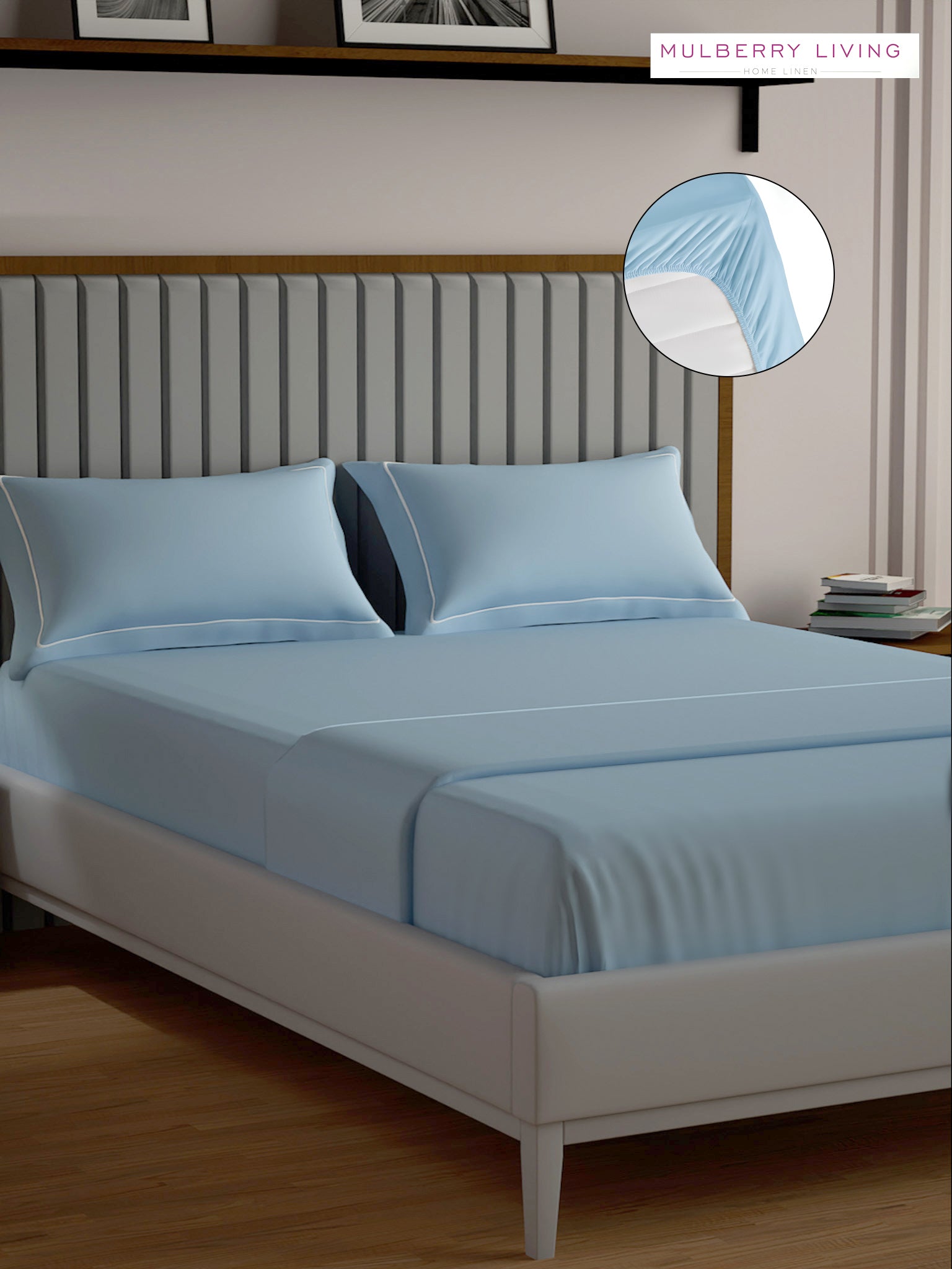 Serenity Solids 100% Cotton Satin Weave Super King Elastic Fitted Bedsheet Set with 2 Pillow Covers - 250TC, 78 x 72 x 12 Inches