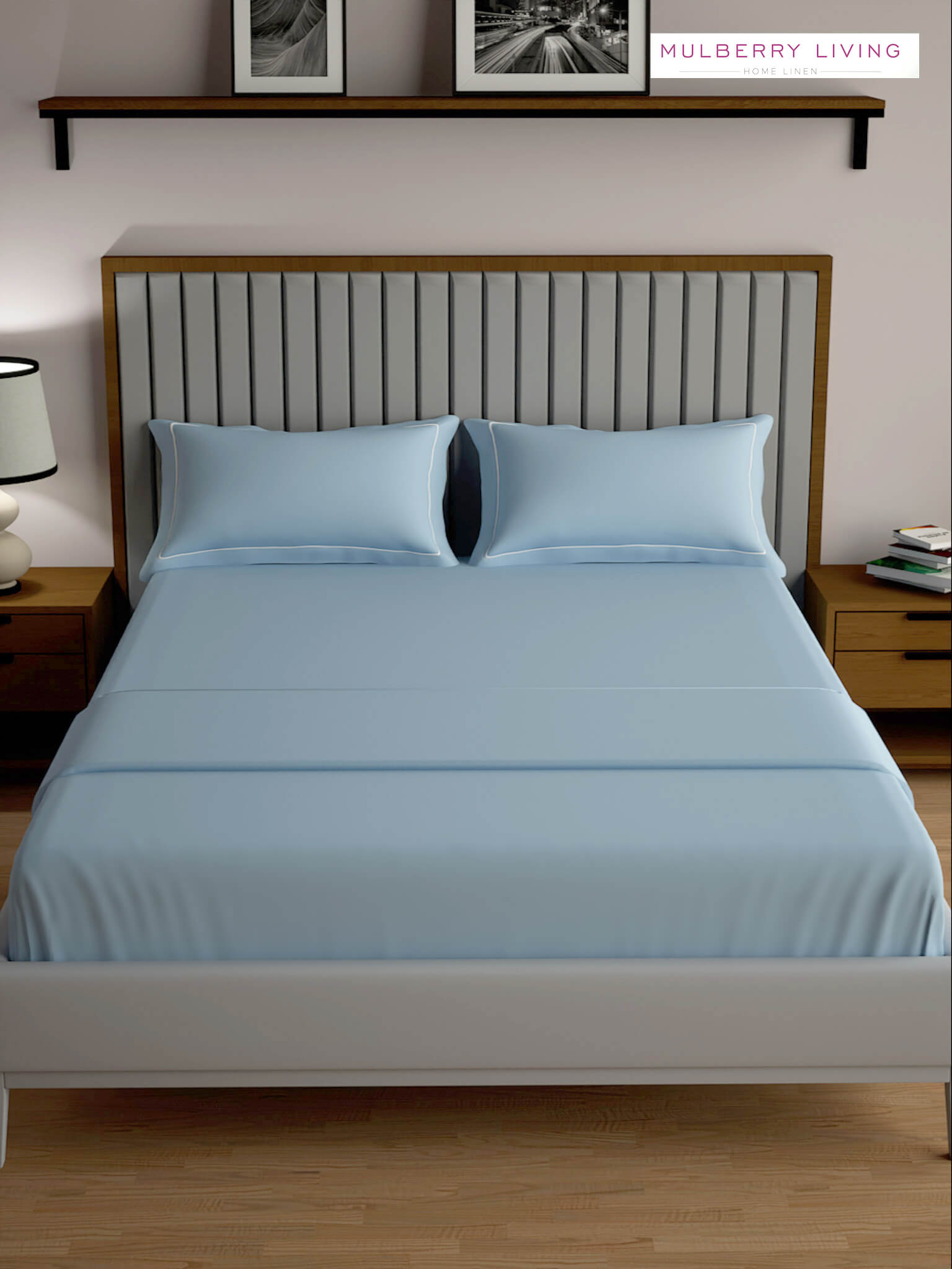 Serenity Solids 100% Cotton Satin Weave Super King Elastic Fitted Bedsheet Set with 2 Pillow Covers - 250TC, 78 x 72 x 12 Inches