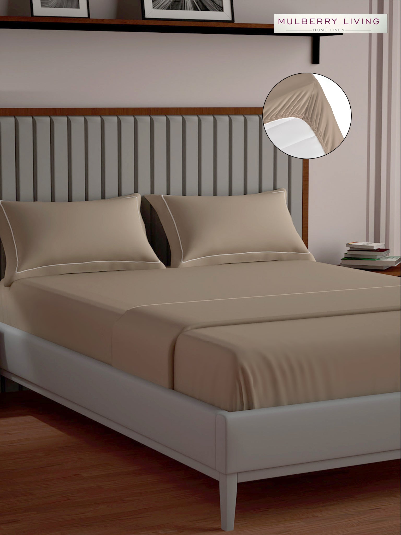 Serenity Solids 100% Cotton Satin Weave Super King Elastic Fitted Bedsheet Set with 2 Pillow Covers - 250TC, 78 x 72 x 12 Inches