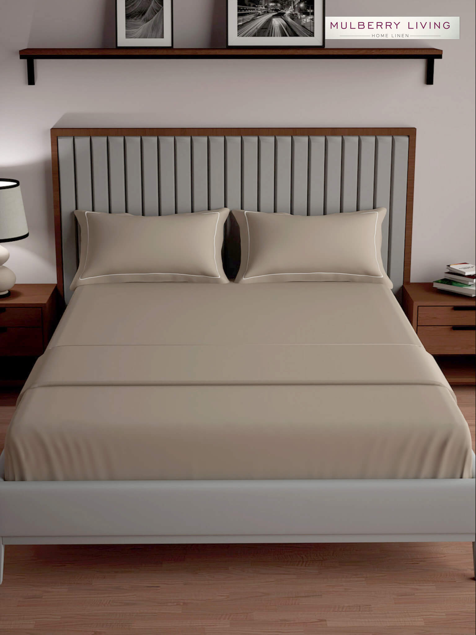 Serenity Solids 100% Cotton Satin Weave Super King Elastic Fitted Bedsheet Set with 2 Pillow Covers - 250TC, 78 x 72 x 12 Inches