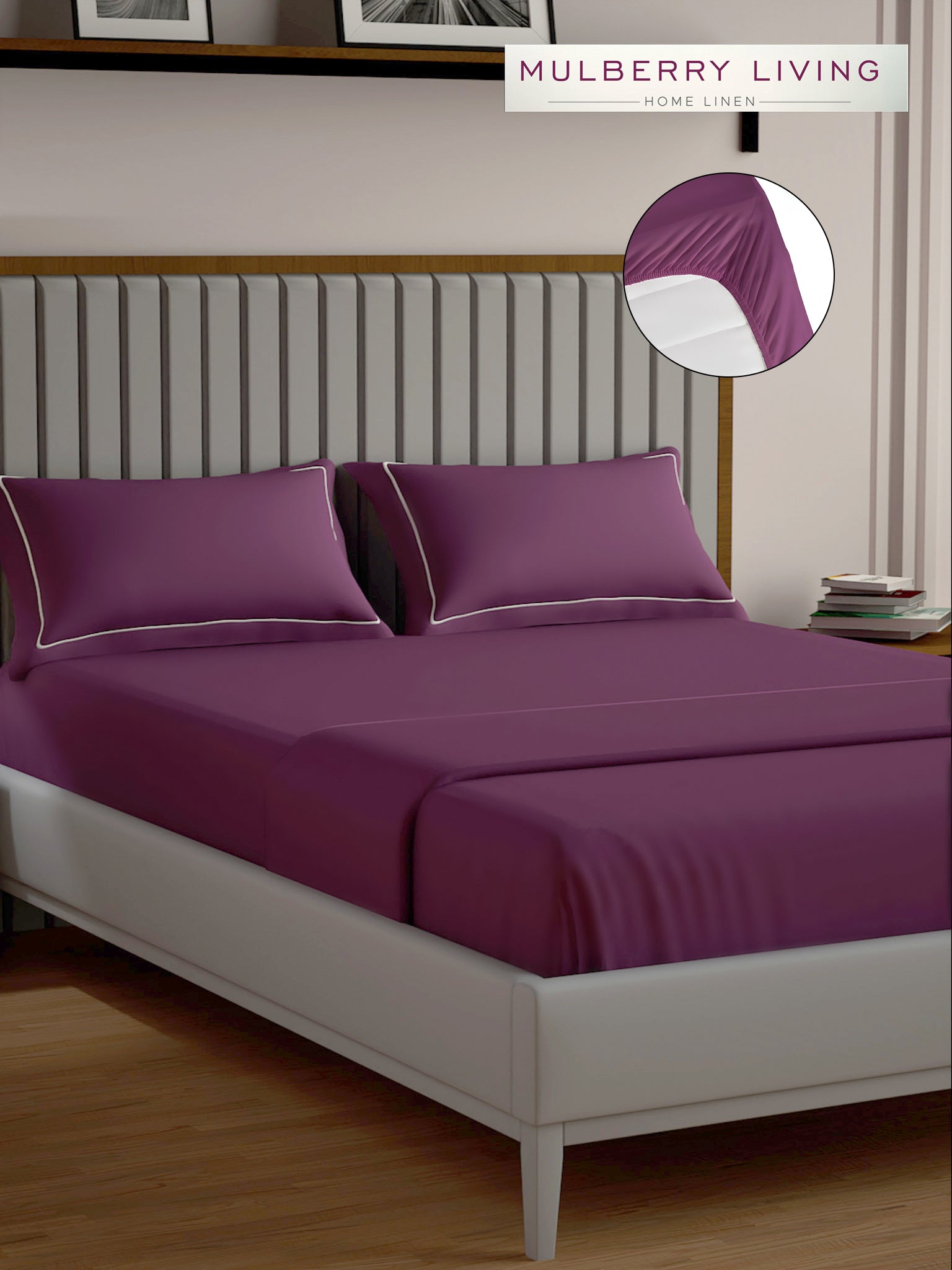 Serenity Solids 100% Cotton Satin Weave Super King Elastic Fitted Bedsheet Set with 2 Pillow Covers - 250TC, 78 x 72 x 12 Inches