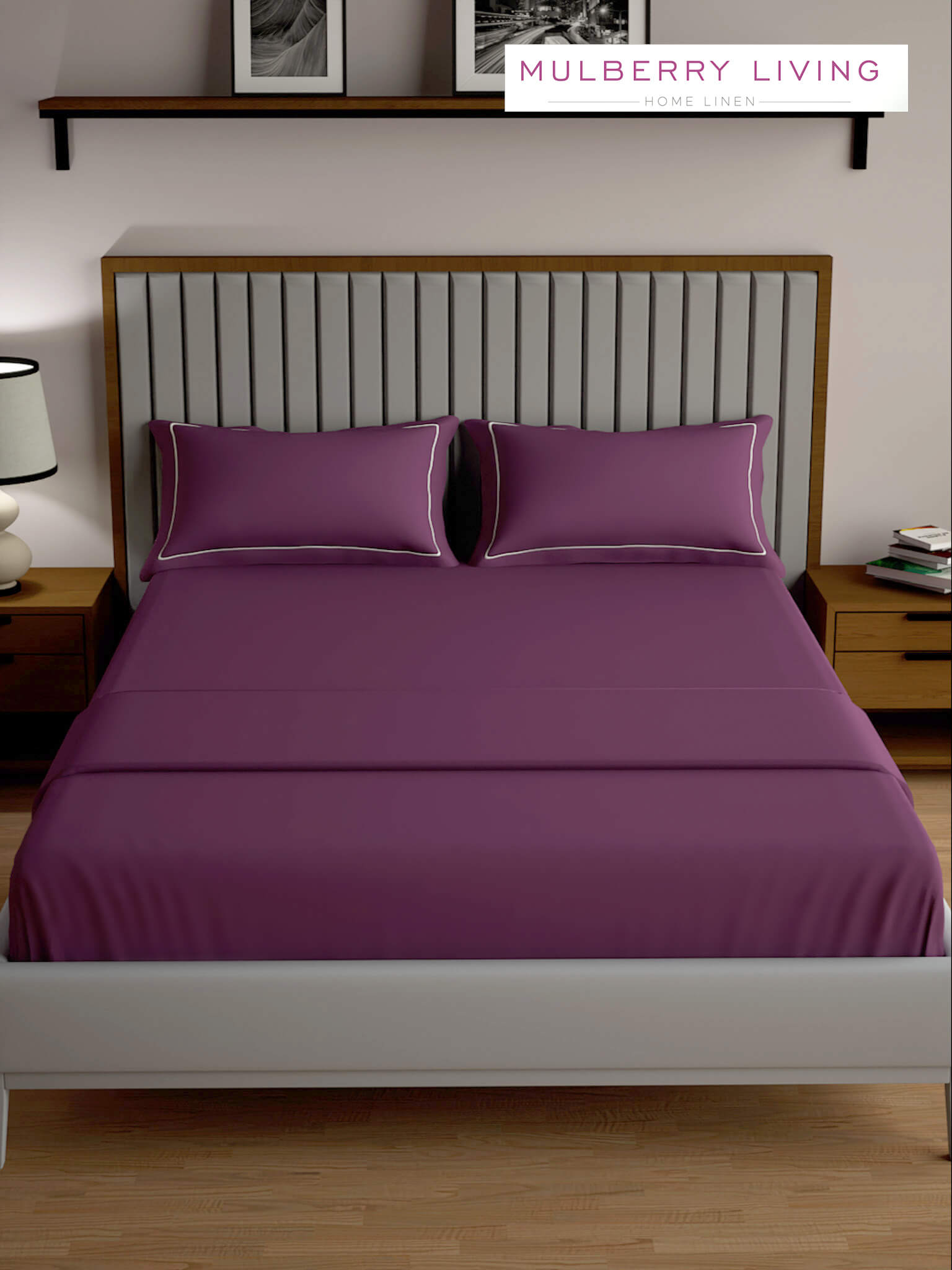 Serenity Solids 100% Cotton Satin Weave Super King Elastic Fitted Bedsheet Set with 2 Pillow Covers - 250TC, 78 x 72 x 12 Inches