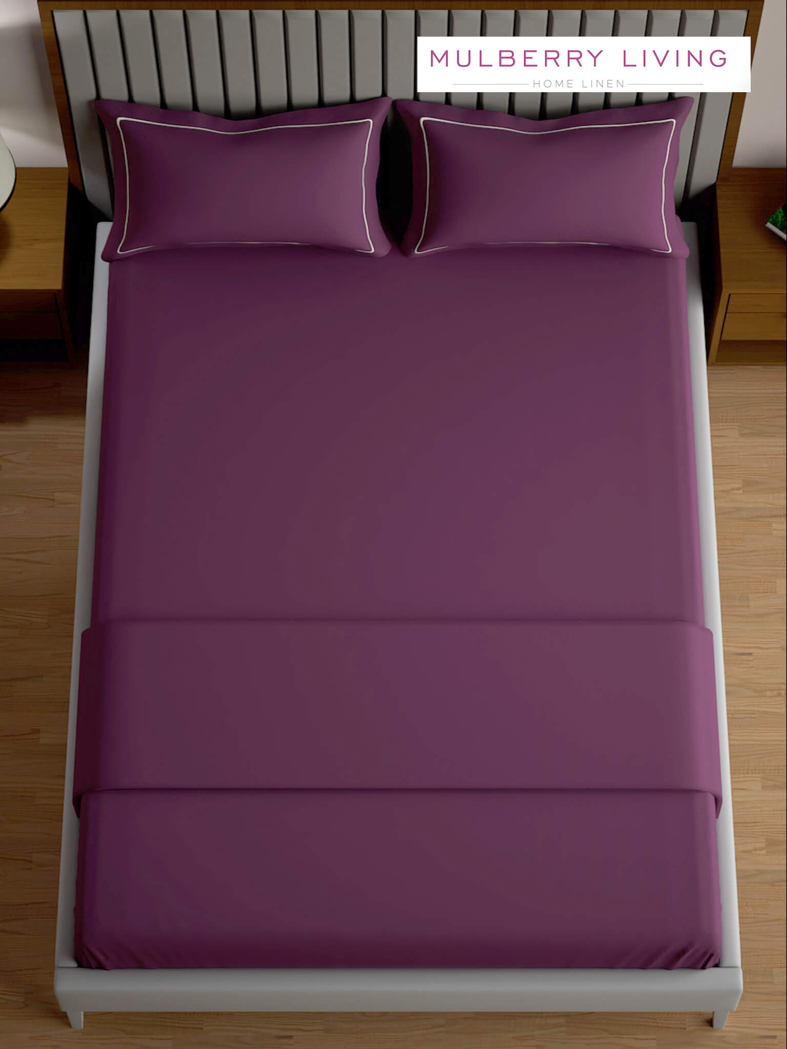 Serenity Solids 100% Cotton Satin Weave Super King Elastic Fitted Bedsheet Set with 2 Pillow Covers - 250TC, 78 x 72 x 12 Inches