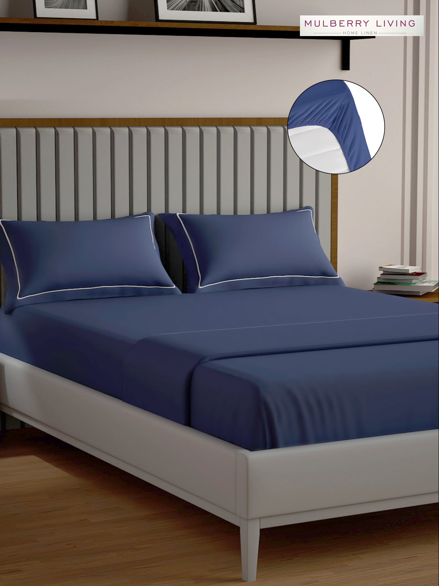 Serenity Solids 100% Cotton Satin Weave Super King Elastic Fitted Bedsheet Set with 2 Pillow Covers - 250TC, 78 x 72 x 12 Inches