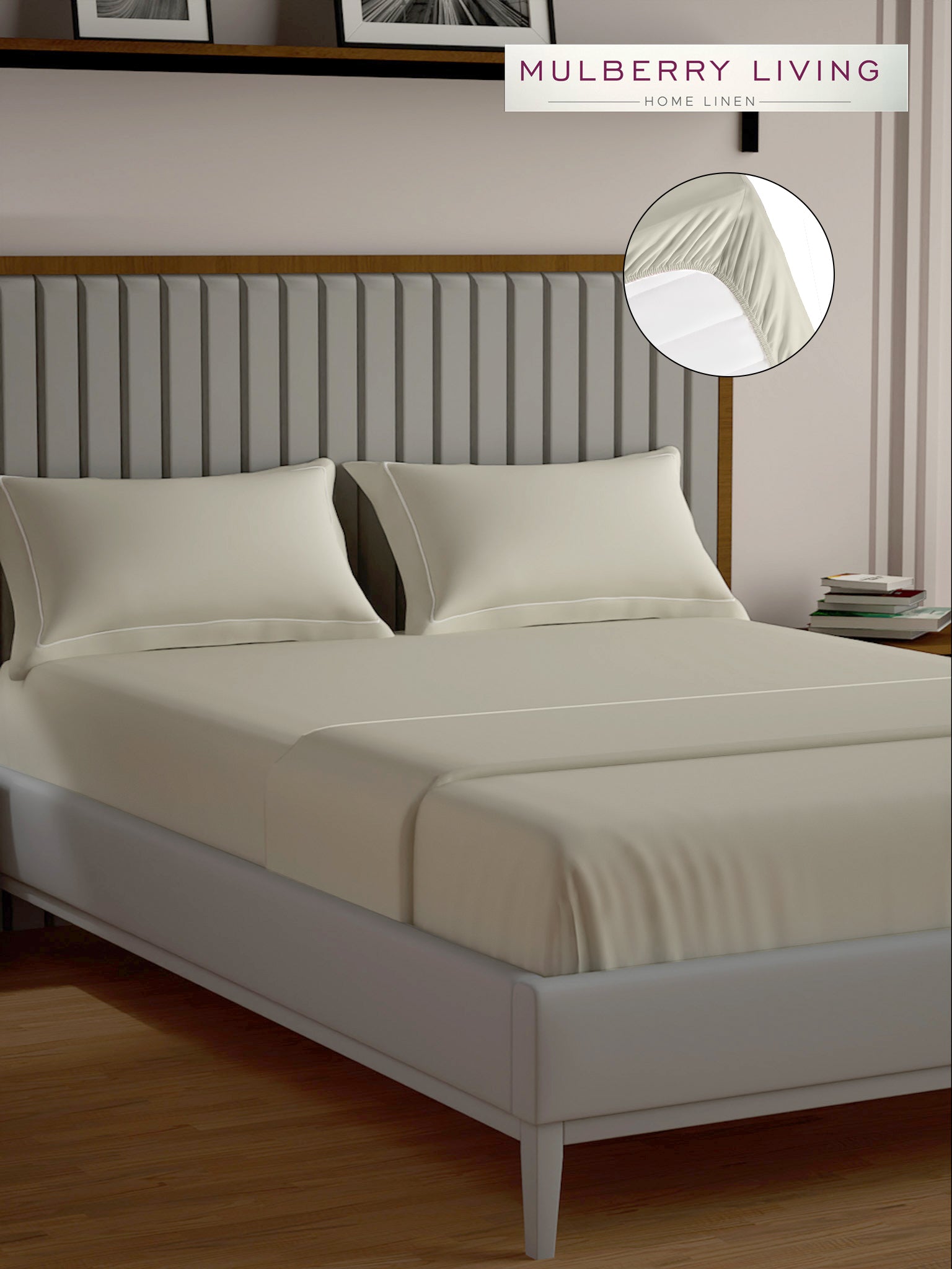 Serenity Solids 100% Cotton Satin Weave Super King Elastic Fitted Bedsheet Set with 2 Pillow Covers - 250TC, 78 x 72 x 12 Inches