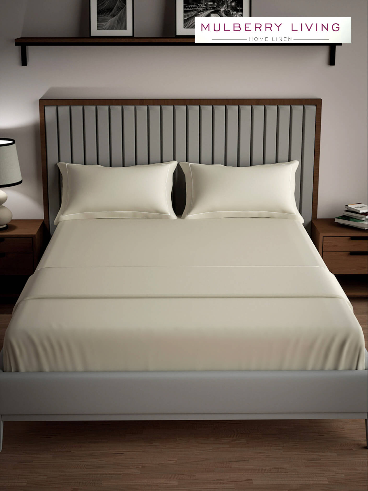 Serenity Solids 100% Cotton Satin Weave Super King Elastic Fitted Bedsheet Set with 2 Pillow Covers - 250TC, 78 x 72 x 12 Inches