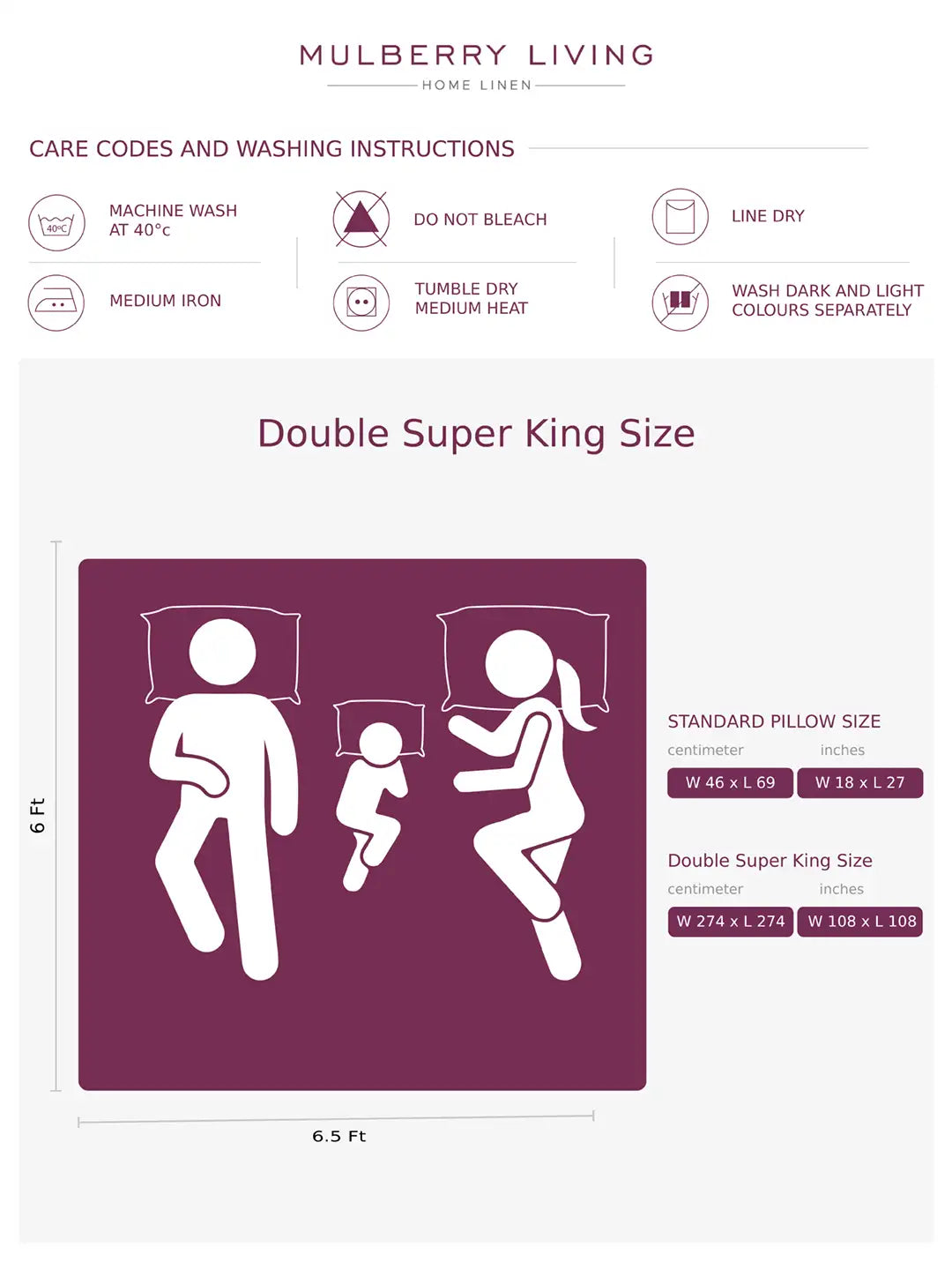 Washing instructions for Mulberry Living home linen with illustrations of a family and dimensions.