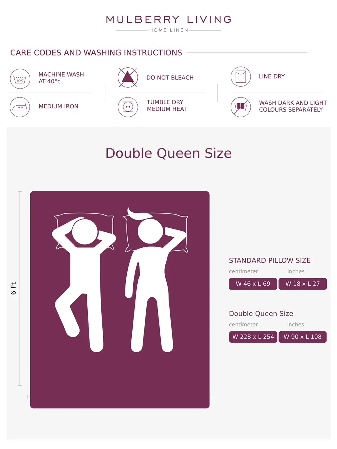 Mulberry Living Queen Size bedding care instructions with illustration and dimensions.
