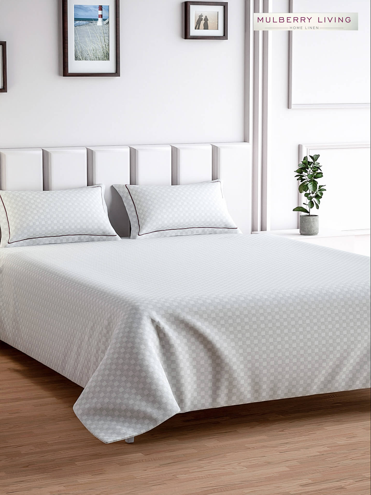 Urban Grid 100% Cotton Bedsheet Set with 2 Pillow Covers - 300TC