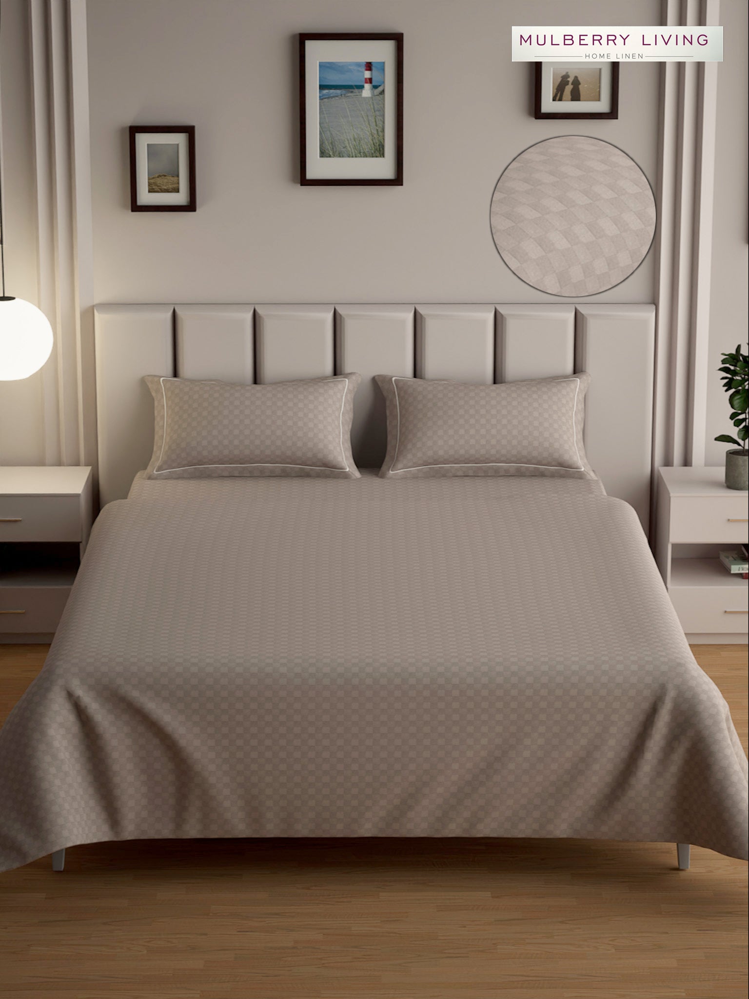 Urban Grid 100% Cotton Bedsheet Set with 2 Pillow Covers - 300TC