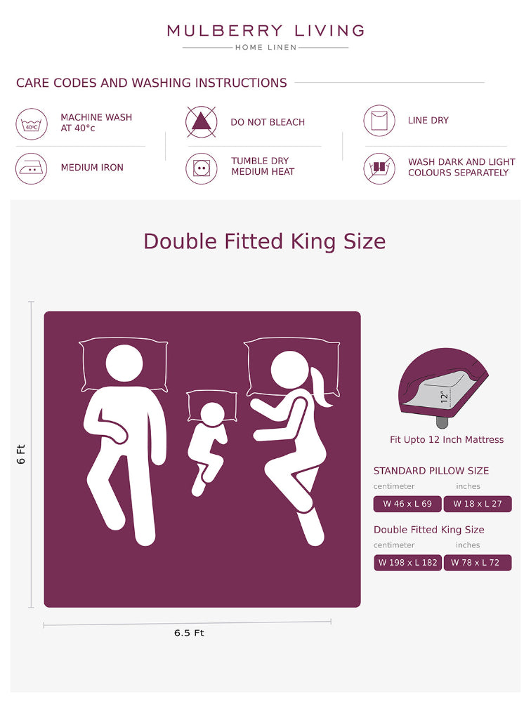 Mulberry Living Sovereign Whites Double Fitted King Size bedsheet with pillows care codes and dimensions.