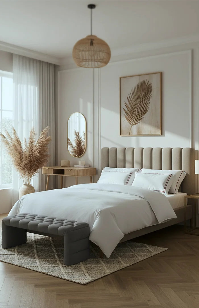 Mulberry Living Sovereign Whites bedding showcased on a meticulously made luxury bed, framed by decorative touches and soft, natural illumination.